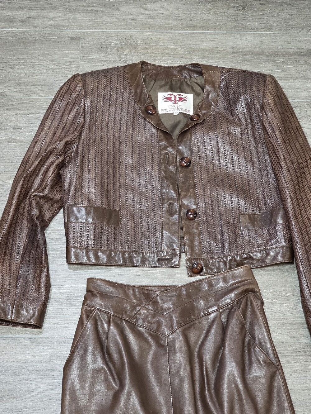 Vintage 80's Dita Martin Design Leather Jacket Sz 10 & Skirt Sz 8 Set Brown - Picture 3 of 11